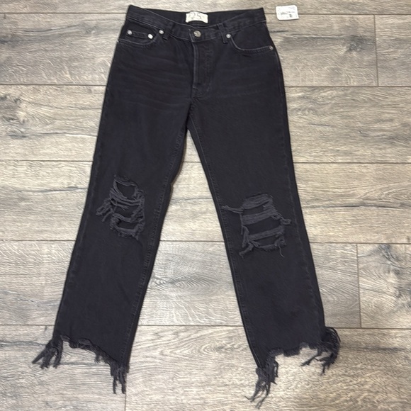 NEW • FREE PEOPLE • Maggie Mid Rise Washed Black Distressed Straight Leg Jeans - Picture 2 of 4